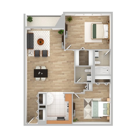 Floor plan for 2 beds, 1.5 baths, 878 sqft